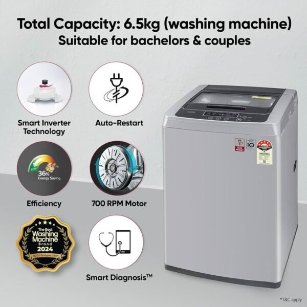 LG 6.5 kg 5 Star with Smart Inverter Technology, TurboDrum and Smart Diagnosis Fully Automatic Top Load Washing Machine - Image 2