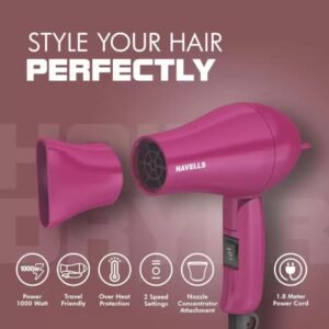 Havells 1000 Watt Foldable Hair Dryer; 2 Heat Settings (Hot/Warm), Heat Balance Technology