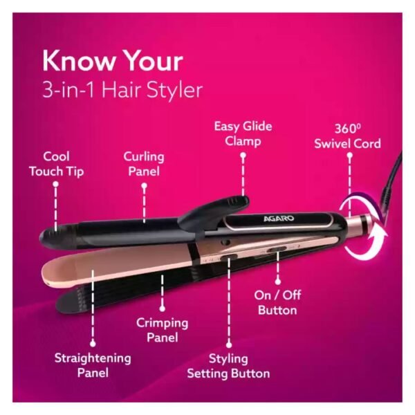 AGARO 4 in1 hair Straightener,Wavy Hair, Crimper, Curler, Hair Styler, Keratin Infused Ceramic Coated Plate, Variable Style Settings, Hair Styling, Black & Rose Gold, HS1719 - Image 2