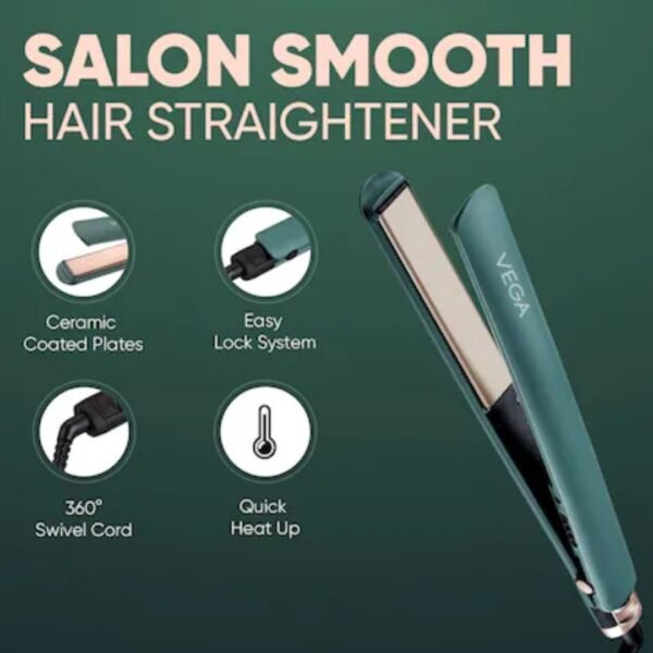 Vega Salon Smooth Hair Straightener for Women with Ceramic Coated Plates, Quick Heatup & Travel Friendly, Travel Lock, Green VHSH-42 - Image 2