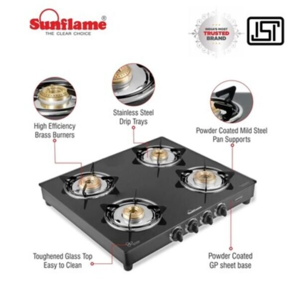 Sunflame LPG STOVE GT 4B DIAMOND BK Glass Manual Gas Stove - Image 2